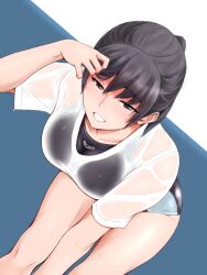 Rule 34 | 1girl, amagami, black eyes, black hair, blush, breasts, commentary request, competition swimsuit, from above, highres, large breasts, long hair, looking at viewer, multicolored clothes, multicolored swimsuit, one-piece swimsuit, ponytail, sasaki akira (ugc), school swimsuit, see-through, shirt, simple background, smile, solo, swimsuit, swimsuit under clothes, thighs, tsukahara hibiki, wet, wet clothes, wet shirt, white shirt