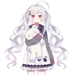 Rule 34 | 1girl, ahoge, akira (ying), animal ears, apron, bear ears, black dress, black sailor collar, blush, bow, brown eyes, closed mouth, collarbone, copyright request, dress, ear piercing, frilled sailor collar, frills, grey shirt, highres, hugging object, long hair, long sleeves, looking at viewer, nijisanji, piercing, pink bow, sailor collar, shirt, simple background, sleeves past wrists, smile, solo, striped clothes, striped dress, stuffed animal, stuffed toy, teddy bear, twintails, vertical-striped clothes, vertical-striped dress, very long hair, virtual youtuber, virtuareal, white apron, white background