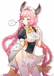 Rule 34 | 1girl, ahoge, aki663, animal ears, apron, blue eyes, bow, breasts, closed mouth, covered navel, erune, tien (granblue fantasy), granblue fantasy, hair bow, highres, large breasts, long hair, looking to the side, maid, maid headdress, pink hair, puffy short sleeves, puffy sleeves, quad braids, short sleeves, sideboob, solo, spoken blush, standing, waist apron, white background