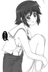 Rule 34 | 00s, 1girl, ahoge, bare shoulders, blush, breasts, da capo, da capo i, from side, greyscale, kneehighs, knees up, looking at viewer, looking to the side, mizukoshi mako, monochrome, shichimenchou, shirt, short hair, sideboob, sidelocks, simple background, skirt, sleeveless, sleeveless shirt, small breasts, socks, solo, white background