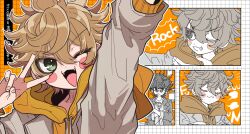 Rule 34 | 2boys, :3, arm up, blonde hair, blush, closed mouth, commentary, desuhiko thunderbolt, english commentary, fangs, fuume (huume0), green eyes, grey jacket, hair between eyes, hand up, highres, hood, hood down, hoodie, jacket, long sleeves, looking at viewer, male focus, master detective archives: rain code, messy hair, multiple boys, multiple views, one eye closed, open clothes, open jacket, open mouth, outline, outstretched arm, short hair, smile, upper body, v over eye, white outline, yakou furio, yellow hoodie