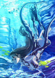 Rule 34 | 1girl, ass, black hair, blue skin, blue theme, bodypaint, breasts, colored skin, diving, facial mark, fins, fish, fish girl, large breasts, long hair, monster girl, nude, original, parted lips, pink eyes, ponytail, profile, ran&#039;ou (tamago no kimi), solo, tail, tattoo, underwater, very long hair, water
