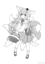 1girl animal_ears arknights basket cat-quest-sun chinese_commentary commentary_request creature_on_head cross-laced_clothes cross-laced_skirt cross-laced_slit fox_ears fox_girl fox_tail frilled_hairband frills full_body greyscale hairband heixiu highres holding holding_basket long_hair long_sleeves mary_janes monochrome multiple_tails neck_ribbon official_alternate_costume ribbon round_bag shirt shoes skirt standing suzuran_(arknights) suzuran_(spring_praise)_(arknights) tail weibo_watermark white_shirt