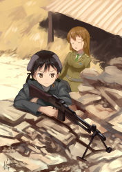 Rule 34 | 2girls, animal ears, artist name, bipod, blood, blood on face, brown eyes, brown hair, browning automatic rifle, bunker, charlotte e. yeager, dated, gertrud barkhorn, gun, highres, injury, kanokoga, long hair, machine gun, military, military uniform, multiple girls, necktie, strike witches, twintails, unconscious, uniform, weapon, world witches series