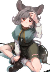 Rule 34 | 1girl, absurdres, animal, animal ears, arm up, black footwear, blouse, blue capelet, blush, boots, breasts, capelet, commentary request, crystal, dress, full body, grey hair, hand up, highres, jewelry, long sleeves, looking up, matsukuzu, medium breasts, mouse (animal), mouse ears, mouse girl, mouse tail, nazrin, necklace, open mouth, petals, puffy long sleeves, puffy sleeves, red eyes, shadow, shirt, short hair, simple background, sitting, socks, solo, tail, touhou, white background, white shirt, white socks