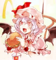 Rule 34 | 1girl, bat wings, chair, drink, fangs, food, burger, hat, hat ribbon, kozou (soumuden), light purple hair, mcdonald&#039;s, mob cap, open mouth, puffy sleeves, red eyes, remilia scarlet, ribbon, short hair, short sleeves, sitting, smile, solo, touhou, wings, wrist cuffs