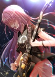 Rule 34 | 1girl, absurdres, bocchi the rock!, bracelet, electric guitar, gibson les paul, gotoh hitori, guitar, hair between eyes, hair over eyes, highres, holding, holding instrument, instrument, jewelry, long hair, masanohe (etoileair), music, one side up, open mouth, pants, pink hair, pink pants, playing instrument, shaded face, solo, track pants