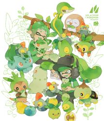 Rule 34 | 1boy, 1girl, ^ ^, alternate color, animal ears, applin, bear ears, berry, berry (pokemon), black eyes, black pants, blunt bangs, blush, branch, bright pupils, brown footwear, brown hairband, budew, bulbasaur, cat teaser, chespin, chikorita, closed eyes, closed mouth, colored tongue, commentary, company connection, creatures (company), crossover, egg, fake animal ears, fangs, food, fruit, full body, game freak, gen 1 pokemon, gen 2 pokemon, gen 3 pokemon, gen 4 pokemon, gen 5 pokemon, gen 6 pokemon, gen 7 pokemon, gen 8 pokemon, gradient hair, green hair, green shirt, green tongue, grey eyes, grookey, hairband, holding, inkling, inkling boy, inkling girl, inkling player character, leaf, looking back, multicolored hair, nintendo, open mouth, oran berry, pants, pechika, plant, pokemon, pokemon (creature), red eyes, rowlet, salmon run (splatoon), salmonid, sandals, shiny pokemon, shirt, shoes, short eyebrows, short hair, short sleeves, sidelocks, simple background, sitrus berry, smallfry (splatoon), smile, smoliv, snivy, splatoon (series), splatoon 3, sports sandals, sprigatito, sweatdrop, symbol-only commentary, t-shirt, teeth, tentacle hair, thick eyebrows, treecko, turtwig, white background, white footwear, white pupils