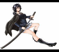 Rule 34 | 10s, 1girl, black eyes, black footwear, black hair, blue jacket, boots, commentary, dutch angle, esg (essagna), full body, girls und panzer, glasses, haori, high heel boots, high heels, holding, holding sword, holding weapon, jacket, japanese clothes, katana, letterboxed, long sleeves, looking at viewer, messy hair, military, military uniform, miniskirt, ooarai military uniform, oryou (girls und panzer), pleated skirt, semi-rimless eyewear, short hair, short ponytail, simple background, skirt, solo, standing, standing on one leg, sword, under-rim eyewear, uniform, weapon, white background, white skirt, zipper