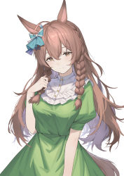 Rule 34 | 1girl, absurdres, ahoge, alternate costume, animal ears, bow, braid, breasts, brown hair, closed mouth, collared dress, dress, ear bow, green dress, hair between eyes, hand up, highres, horse ears, horse girl, horse tail, long hair, looking at viewer, medium breasts, mejiro bright (umamusume), puffy short sleeves, puffy sleeves, short sleeves, simple background, smile, solo, split mouth, tail, twin braids, umamusume, upper body, white background, yellow eyes, yuku~