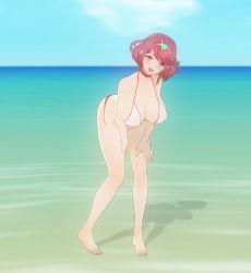 Rule 34 | 1girl, 3d, absurdres, aliasing, beach, bikini, blush, breasts, cleavage, custom maid 3d 2, highres, large breasts, leaning forward, looking at viewer, navel, nintendo, ocean, open mouth, pyra (xenoblade), red hair, sand, short hair, sky, solo, standing, swimsuit, water, xenoblade chronicles (series), xenoblade chronicles 2