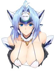 Rule 34 | 1girl, android, bare shoulders, bikini, black gloves, blue eyes, blue hair, breasts, character name, cleavage, commentary request, covered erect nipples, forehead protector, gloves, halcon, headgear, highres, kos-mos, large breasts, long hair, parted bangs, parted lips, shiny skin, simple background, solo, swimsuit, upper body, white background, xenosaga