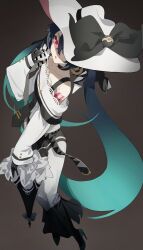 Rule 34 | bare shoulders, black choker, black gloves, black ribbon, choker, creatures (company), cyan yu, dark green hair, dark miku (project voltage), earrings, game freak, gloves, gradient hair, hair ribbon, hat, hatsune miku, high heels, highres, holding, holding umbrella, jewelry, long skirt, long sleeves, looking up, luxury ball, microphone, multicolored hair, nintendo, one eye covered, poke ball, pokemon, project voltage, red eyes, ribbon, skirt, twintails, umbrella, uneven twintails, vocaloid