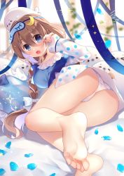 Rule 34 | 1girl, animal, ass, bare legs, bare shoulders, barefoot, blue bow, blue camisole, blue eyes, blue ribbon, blush, bow, braid, breasts, brown hair, camisole, chihiro (khorosho), commentary request, copyright request, crescent, crescent hair ornament, drooling, feet, fingernails, frilled pillow, frills, hair between eyes, hair bow, hair ornament, heart, heart panties, heart print, iriam, jacket, large breasts, long hair, long sleeves, mask, mask on head, mouth drool, open clothes, open jacket, open mouth, panties, petals, pillow, polka dot, polka dot jacket, print panties, ribbon, seal (animal), sleep mask, sleeves past wrists, soles, solo, star (symbol), toes, underwear, very long hair, virtual youtuber, white bow, white jacket, white panties