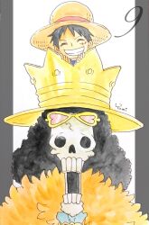 Rule 34 | 2boys, ^ ^, afro, aged down, artist name, ascot, black hair, blue ascot, border, brook (one piece), child, close-up, closed eyes, crown, eyewear on head, feather boa, grey border, hanakotoba28, hat, highres, looking at viewer, male focus, monkey d. luffy, multiple boys, on head, one piece, orange feathers, pillarboxed, scar, scar on face, short hair, simple background, skeleton, straw hat, time paradox, white background