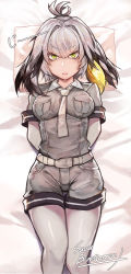 Rule 34 | 10s, 1girl, arms behind back, artist name, bad id, bad pixiv id, belt, black hair, blonde hair, bodystocking, breast pocket, breasts, closed mouth, collared shirt, cowboy shot, expressionless, green eyes, grey shirt, grey shorts, highres, kemono friends, lips, long hair, looking at viewer, low ponytail, lying, medium breasts, multicolored hair, necktie, pantyhose, pillow, pocket, shirt, shoebill (kemono friends), short shorts, short sleeves, shorts, side ponytail, silver hair, solo, staring, suou-sensei, thigh gap, wing collar