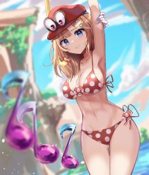 Rule 34 | 1girl, arm behind head, arm up, bikini, blonde hair, blue eyes, blush, cappy (mario), crossover, dayshiart, gloves, hat, highres, holding own arm, hololive, hololive english, looking at viewer, looking down, mario, mario (series), medium hair, mushroom, musical note, nervous, nintendo, pink eyes, polka dot, polka dot bikini, possessed, possession, red hat, single glove, solo, super mario odyssey, swimsuit, virtual youtuber, water, waterfall, watson amelia, white gloves