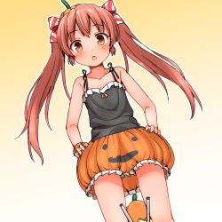 Rule 34 | 10s, 1girl, bare shoulders, blush, brown eyes, brown hair, commentary request, dark-skinned female, dark skin, faubynet, hair ribbon, halloween, halloween costume, highres, jack-o&#039;-lantern, kantai collection, libeccio (kancolle), long hair, looking at viewer, open mouth, pumpkin skirt, ribbon, sleeveless, solo, twintails