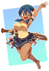 Rule 34 | 1girl, anklet, arm up, armband, armpits, blue background, blue hair, border, breasts, chainsaw, dark-skinned female, dark skin, dress, female focus, flower, hair flower, hair ornament, harusame (unmei no ikasumi), indivisible, jewelry, large breasts, leilani, one eye closed, open mouth, short hair, short twintails, smile, solo, tank top, twintails, v, white background