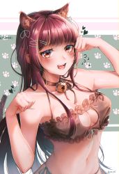 Rule 34 | 1girl, absurdres, animal ears, bell, black panties, blush, bra, breasts, cat cutout, cat ears, cat lingerie, choker, cleavage, cleavage cutout, clothing cutout, frilled bra, frills, girls&#039; frontline, hair ribbon, highres, huge filesize, jingle bell, large breasts, lingerie, long hair, looking at viewer, meme attire, menna (0012), navel, neck bell, open mouth, panties, paw pose, purple hair, red eyes, ribbon, side-tie panties, solo, underwear, underwear only, very long hair, wa2000 (girls&#039; frontline)