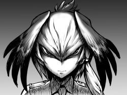 Rule 34 | 10s, 1girl, bird wings, collared shirt, creepy, frown, gradient background, greyscale, head wings, horror (theme), kanno takanori, kemono friends, looking at viewer, low ponytail, monochrome, necktie, necktie on head, parody, shirt, shoebill (kemono friends), side ponytail, solo, style parody, ushio to tora, wings