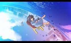 Rule 34 | 1girl, absurdres, barefoot, black eyes, blue shirt, blue sky, blush, brown hair, cloud, cloudy sky, coffee, commentary, cup, day, expressionless, falling, fish, fish hair ornament, fisheye, floating hair, hair ornament, half-closed eyes, highres, holding, holding cup, kani aji, kani aji-chan, localized gravity, long sleeves, looking at viewer, looking to the side, midair, no pants, no pupils, no sclera, ocean, on chair, open mouth, original, oversized clothes, oversized shirt, print shirt, shirt, short hair, sitting, sky, skyline, solo, spilling, teacup, upside-down world, water drop