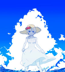 Rule 34 | 1girl, bare arms, bare shoulders, blonde hair, blue eyes, blue sky, breasts, cleavage, clothes lift, cloud, collarbone, day, dress, dress lift, feet out of frame, flower, hair between eyes, hat, hat flower, hibiscus, highres, kingdom hearts, kingdom hearts ii, leaf, legs apart, lifting own clothes, looking at viewer, medium hair, namine, outdoors, ramochi (auti), red flower, sky, smile, solo, standing, straw hat, wading, white dress, yellow hat