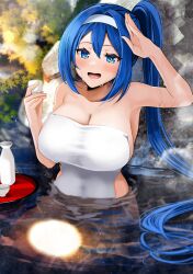 Rule 34 | 1girl, absurdres, alyssa (specktech), bare shoulders, blue eyes, blue hair, blurry, blurry background, blush, borrowed character, breasts, cleavage, collarbone, commentary, commission, cup, english commentary, hairband, highres, holding, holding cup, large breasts, long hair, looking at viewer, naked towel, on water, onsen, open mouth, original, paid reward available, phantasy star, phantasy star online 2, ponytail, rock, salute, second-party source, sitting, skeb commission, smile, solo, steam, sweat, towel, tray, water, wet, white hairband, yunamaro