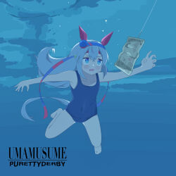 Rule 34 | 1girl, absurdres, air bubble, asphyxiation, banknote, barefoot, blue eyes, blue one-piece swimsuit, blush, breasts, bubble, clothing cutout, ear covers, fish hook, fishing, fishing hook, grey hair, highres, horse girl, long hair, money, nevermind, nirvana (band), one-piece swimsuit, open mouth, pool, school swimsuit, small breasts, solo, submerged, swimming, swimsuit, tail, tail through clothes, tamamo cross (umamusume), umamusume, underwater