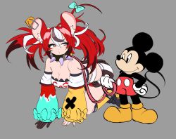 Rule 34 | 1boy, 1girl, all fours, animal ears, bare shoulders, black hair, blue bow, bow, breasts, cleavage, collar, detached sleeves, disney, grey background, hakos baelz, highres, hololive, hololive english, leash, long hair, medium breasts, mickey mouse, mouse ears, mouse tail, multicolored hair, peagade, pet play, red hair, revision, shirt, simple background, spiked collar, spikes, streaked hair, tail, tail bow, tail ornament, trait connection, very long hair, virtual youtuber, white hair