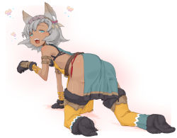 Rule 34 | 10s, 1girl, all fours, animal ears, animal hands, armlet, ass, bare shoulders, blue eyes, blush, bug, butterfly, cat ears, cat paws, circlet, dark-skinned female, dark skin, erune, feathers, flower, from behind, gradient background, granblue fantasy, grey hair, highres, insect, looking back, man (man-room), melleau, meruu (granblue fantasy), no panties, open mouth, pelvic curtain, short hair, solo, sparkle, teeth