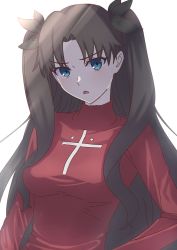 Rule 34 | 1girl, absurdres, black hair, blue eyes, fate/hollow ataraxia, fate/stay night, fate (series), highres, kujuu shikuro, red sweater, solo, sweater, tohsaka rin, twintails, two side up