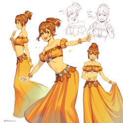 Rule 34 | 1girl, brown hair, dancer, dress, english text, gloves, green eyes, jewelry, long hair, looking at viewer, mella, multiple views, navel, necklace, octopath traveler, octopath traveler i, open mouth, ponytail, short hair, simple background, smile, tressa (octopath traveler), white background