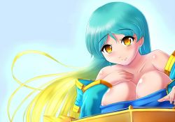 Rule 34 | 1girl, alternate hairstyle, aqua hair, areola slip, bare shoulders, blonde hair, blush, breasts, collarbone, detached sleeves, gradient hair, instrument, large breasts, league of legends, long hair, multicolored hair, smile, solo, sona (league of legends), xano, yellow eyes