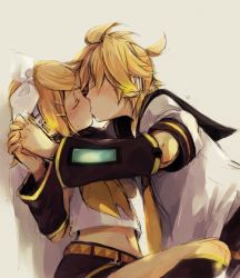 Rule 34 | 1boy, 1girl, blonde hair, blush, bow, brother and sister, detached sleeves, closed eyes, hair bow, hair ornament, hairclip, holding hands, hetero, incest, interlocked fingers, kagamine len, kagamine rin, kiss, midriff, navel, short hair, siblings, twincest, twins, vocaloid, yukkii