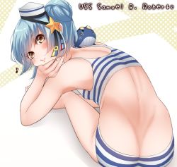 Rule 34 | 1girl, ass, bikini, blue hair, butt crack, character name, dixie cup hat, double bun, eighth note, from behind, hair bun, hat, highres, kantai collection, little blue whale (kancolle), looking at viewer, looking back, military hat, musical note, nuka (nvkka), samuel b. roberts (kancolle), short hair, sitting, smile, solo, striped bikini, striped clothes, swimsuit, whale, yellow eyes