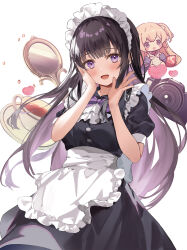 Rule 34 | 2girls, :d, apron, black dress, black hair, blush, bow, bowtie, camera, chibi, chibi inset, cowboy shot, cup, dress, hand mirror, hand on own cheek, hand on own face, hands up, highres, hime cut, kanda done, long hair, looking at viewer, maid, maid apron, maid headdress, mirror, multiple girls, open mouth, original, puffy short sleeves, puffy sleeves, purple bow, purple bowtie, purple eyes, saucer, short sleeves, sidelocks, smile, teacup, very long hair, white background