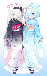 Rule 34 | 2girls, apple caramel, arona (blue archive), black eyes, black kimono, blue archive, blue eyes, blue hair, blue kimono, colored inner hair, commentary, full body, grey hair, hair over one eye, highres, japanese clothes, kimono, long sleeves, multicolored hair, multiple girls, obi, pink hair, plana (blue archive), sash, wide sleeves