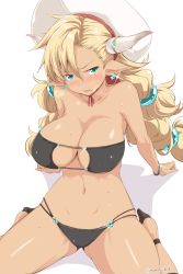 Rule 34 | 1girl, almeida (granblue fantasy), arm support, bare shoulders, bikini, black bikini, blonde hair, blush, breasts, cleavage, dark-skinned female, dark skin, draph, eyepatch bikini, granblue fantasy, hair ornament, hat, high heels, horns, kichihachi, large breasts, leaning forward, long hair, looking at viewer, navel, open mouth, pointy ears, shadow, shiny skin, simple background, solo, stomach, sweat, swimsuit, twintails, very long hair, white background, white hat