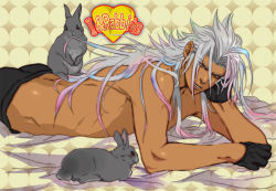 Rule 34 | 1boy, bad id, bad pixiv id, bishounen, gloves, happy, kingdom hearts, long hair, lying, male focus, on stomach, rabbit, silver hair, solo, tan, topless male, xemnas