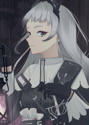 Rule 34 | 1girl, absurdres, arknights, black gloves, black jacket, capelet, closed mouth, earrings, gloves, grey eyes, grey hair, head wings, highres, holding, holding lantern, irene (arknights), jacket, jewelry, lantern, long hair, long sleeves, looking at viewer, outdoors, rain, sheath, sheathed, solo, sword, upper body, very long hair, weapon, white capelet, wings, yokuto