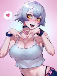 Rule 34 | 1girl, black crowser, blue pants, breasts, choker, crop top, grey hair, heart, heart hands, highres, large breasts, midriff, navel, open mouth, original, pants, pink background, pink nails, short hair, simple background, solo, stomach, tank top, teeth, tongue, white tank top, wristband, yellow eyes