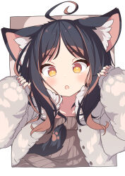 Rule 34 | 1girl, ahoge, animal ear fluff, animal ears, black hair, blush, brown sweater, buttons, cat ears, commentary request, daidai ookami, hands up, highres, jacket, long hair, long sleeves, looking at viewer, multicolored hair, open clothes, open jacket, open mouth, orange eyes, orange hair, original, solo, sweater, white jacket
