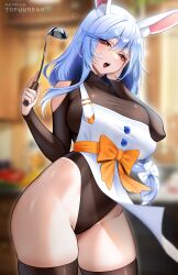 Rule 34 | 1girl, absurdres, animal ear fluff, animal ears, apron, bare shoulders, black leotard, black thighhighs, blue hair, blurry, blurry background, blush, bow, breasts, clothing cutout, commentary, cowboy shot, english commentary, hair between eyes, hair bow, hair ornament, hand on own face, highleg, highleg leotard, highres, holding, holding ladle, hololive, ladle, large breasts, leotard, long hair, looking at viewer, mature female, open mouth, patreon username, pekomama, rabbit ears, rabbit girl, red eyes, shoulder cutout, skindentation, solo, thighhighs, thighs, tofuubear, virtual youtuber, white apron, white bow