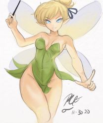 Rule 34 | 1girl, aqua eyes, bare shoulders, blonde hair, breasts, breasts apart, covered navel, cowboy shot, dated, dress, fairy, fairy wings, green dress, highres, holding, holding wand, index finger raised, no panties, peter pan (disney), rakeemspoon, signature, simple background, solo, strapless, strapless dress, thick thighs, thighs, tinker bell (disney), wand, white background, wide hips, wings