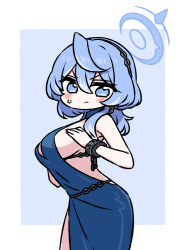 Rule 34 | 1girl, ako (blue archive), ako (dress) (blue archive), backless dress, backless outfit, black hairband, blue archive, blue dress, blue eyes, blue hair, blue halo, blush, breasts, chan co, closed mouth, cowboy shot, cuffs, dress, earrings, hair between eyes, hairband, halo, handcuffs, jewelry, large breasts, long hair, sideboob, sleeveless, sleeveless dress, solo