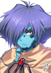 Rule 34 | 1boy, adjusting collar, bad id, bad pixiv id, blue eyes, blue skin, brooch, colored skin, expressionless, fingerless gloves, flipped hair, gloves, hair over one eye, ishitsu kenzou, jewelry, male focus, pointy ears, purple hair, signature, slayers, solo, white background, zelgadiss graywords