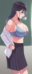 Rule 34 | 1girl, bare shoulders, black hair, black skirt, blue bra, blue eyes, blush, bra, breasts, breath, cleavage, collarbone, commentary request, dress shirt, female focus, from side, hair behind ear, highres, huge breasts, large breasts, lips, long hair, medium hair, midriff, open clothes, open mouth, open shirt, original, parted lips, saemon (tonpura), school uniform, shirt, unworn shirt, skirt, solo, standing, steam, underwear, undressing, white shirt