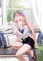 Rule 34 | 1girl, alternate costume, belt, blue eyes, bow, bowtie, couch, genshin impact, half-closed eyes, highres, long hair, looking at viewer, on couch, pencil skirt, pillow, pink hair, sangonomiya kokomi, sitting, skirt, solo, vision (genshin impact), window, zxny