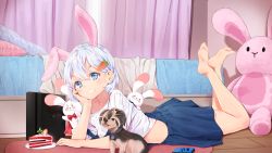 Rule 34 | 1girl, agnamore, animal, animal ears, arm support, bad id, bad pixiv id, barefoot, bed, blue eyes, blue skirt, cake, cake slice, carrot hair ornament, commentary request, curtains, dog, feet, food, food-themed hair ornament, grin, hair between eyes, hair ornament, indoors, korean commentary, legs up, lying, on stomach, original, pillow, plate, pleated skirt, rabbit ears, shirt, short hair, short sleeves, silver hair, skirt, smile, soles, solo, stuffed animal, stuffed rabbit, stuffed toy, the pose, toes, white shirt, wooden floor
